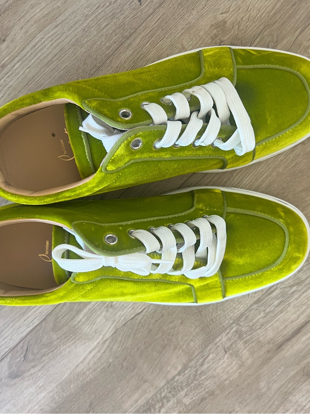 Christian Louboutin rare Velvet Lace-Up Sneakers in Bright Green and White